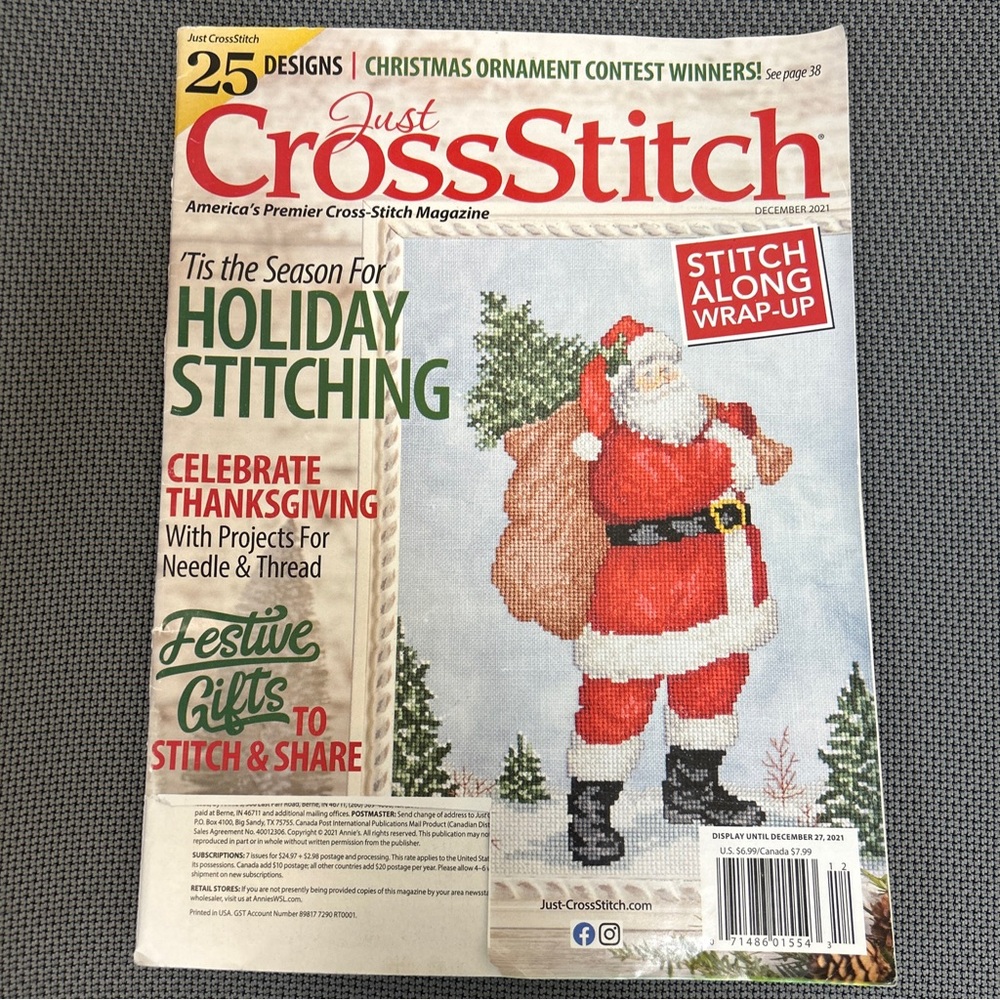 Just Cross Stitch magazine December 2021 Thanksgiving and Christmas designs